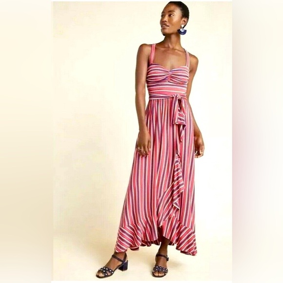 Anthropologie Dresses & Skirts - NEW Maeve Anthropologie Striped Ruffle Maxi Dress Pink Red Size Small NWOT